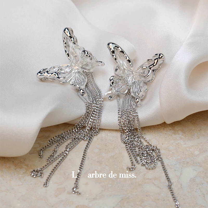 铜合金合成锆石耳饰 S925蝴蝶镶钻长款耳钉手工少女复古