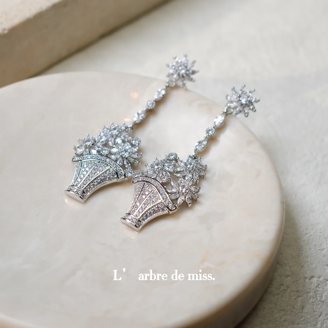 铜合金合成锆石耳饰 S925花盆镶钻耳钉