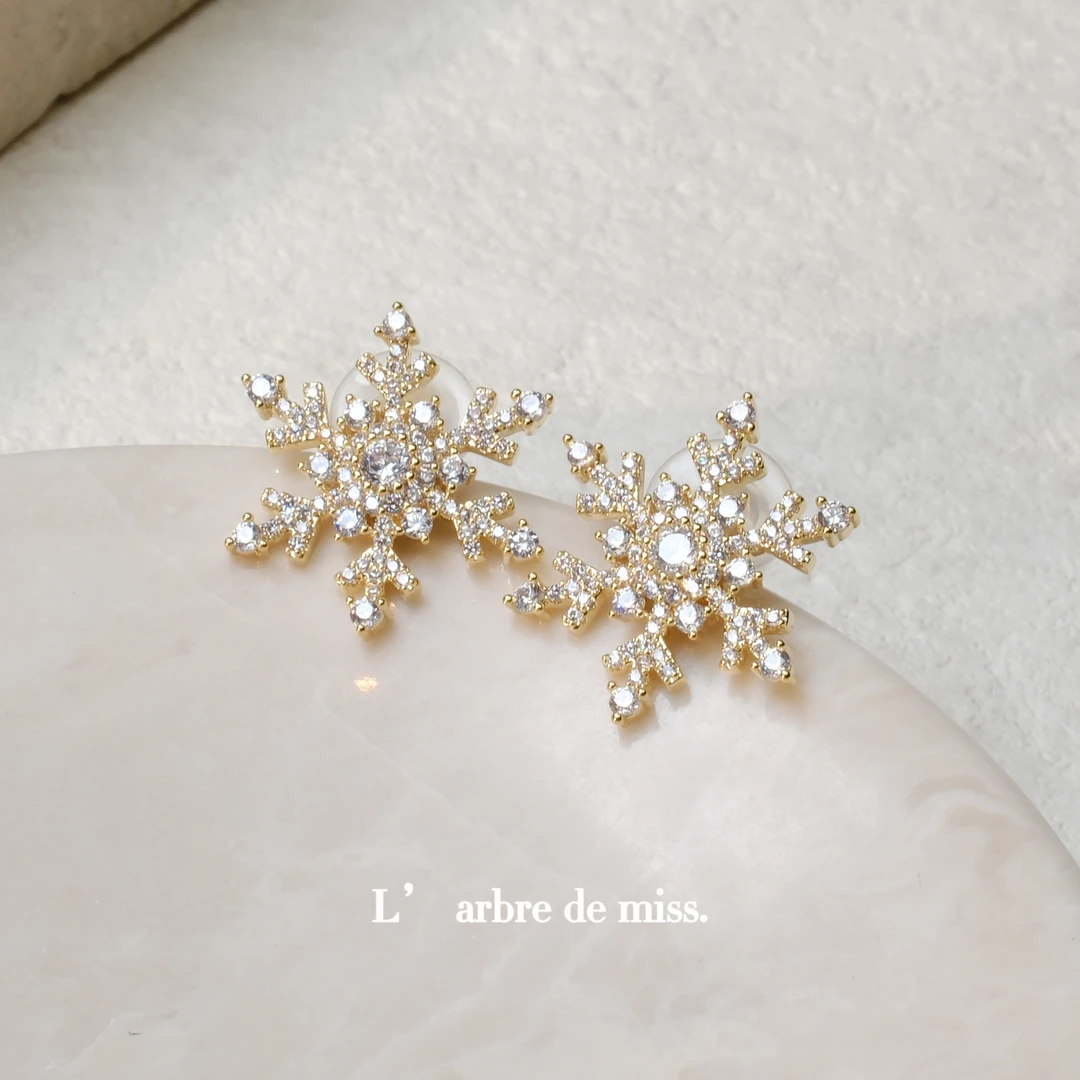 铜合金合成锆石耳饰 法式雪花镶钻耳钉