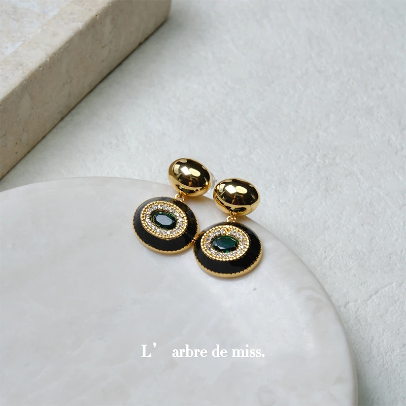 铜合金珐琅耳饰 耳饰 墨绿黑珐琅镶钻耳饰EDA433-1