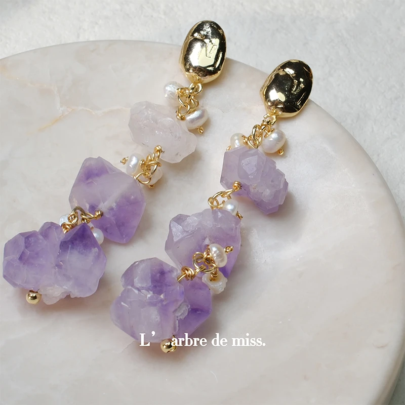 铜合金耳饰 紫色渐变矿石长款耳钉ED086037