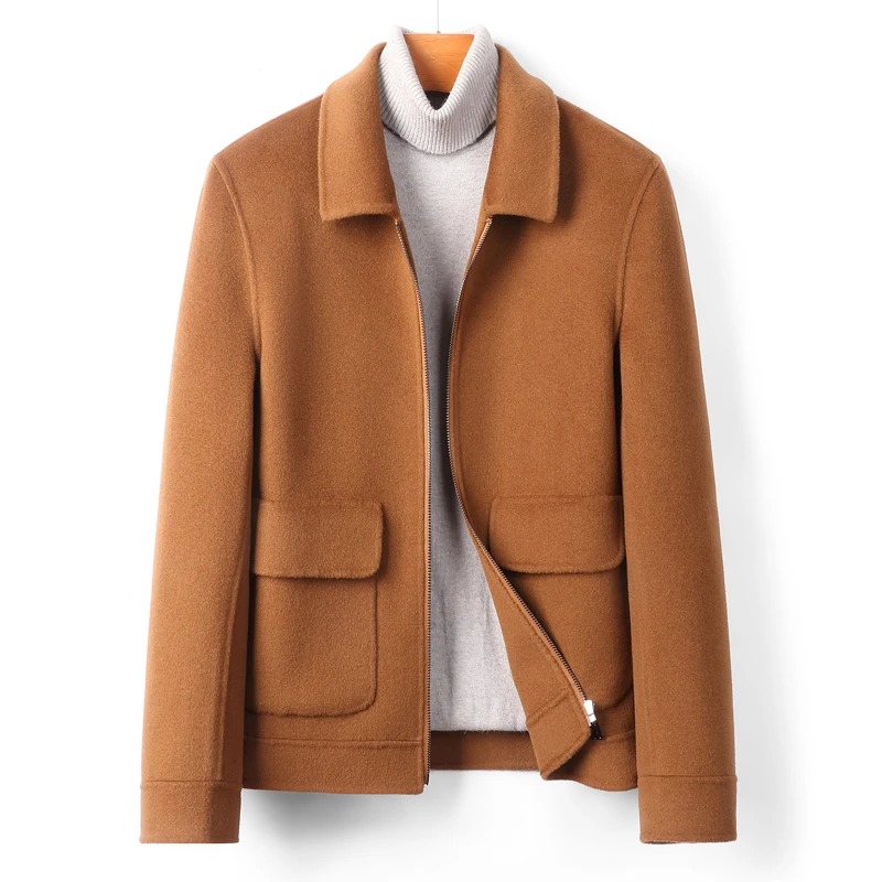 100%羊毛外套男士大衣短款时尚休闲双面秋冬款纯色翻领夹克外套80