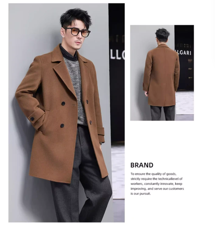 100%羊毛呢大衣男士中长款双面呢外套双排扣呢子风衣休闲宽松