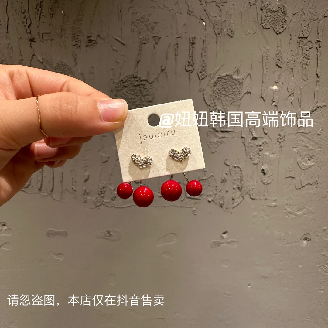 铁合金耳饰 【圣诞耳钉】 韩国新款锆石亮钻爱心小樱桃耳环