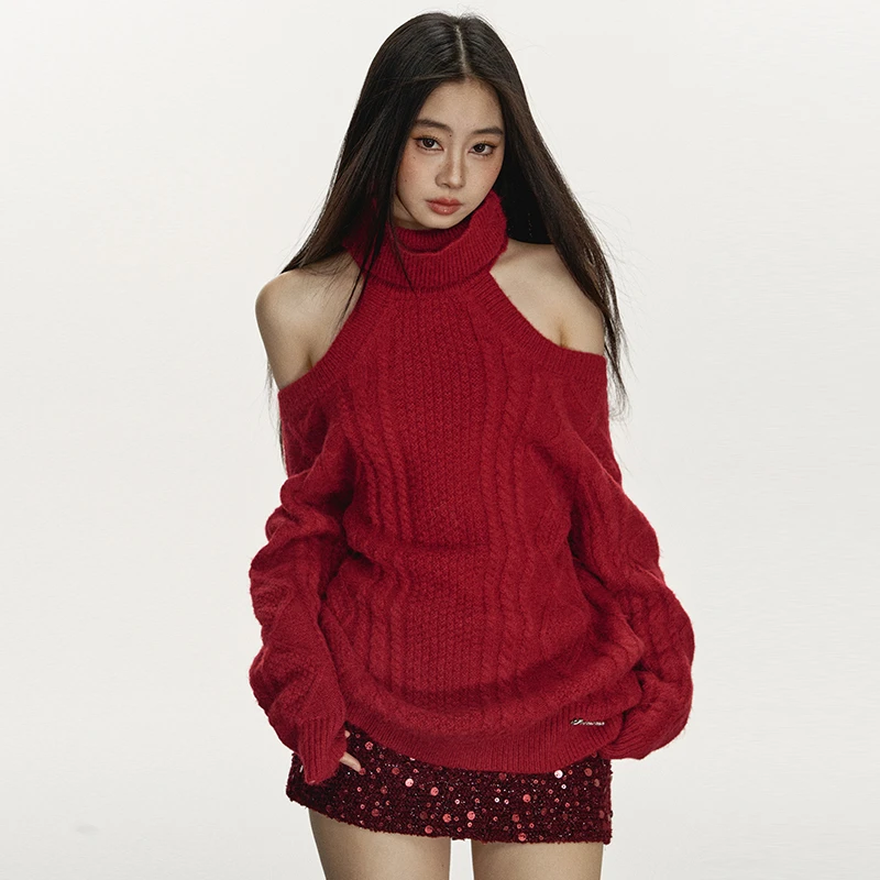 anna aneae 复古粗织一字肩费尔岛毛衣秋冬宽松圣诞上衣外套女