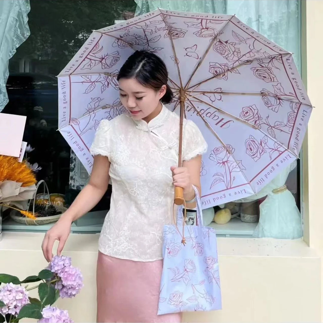 [1327金杆金架]双面双花防紫外线太阳伞双层伞布遮阳伞女晴雨两用