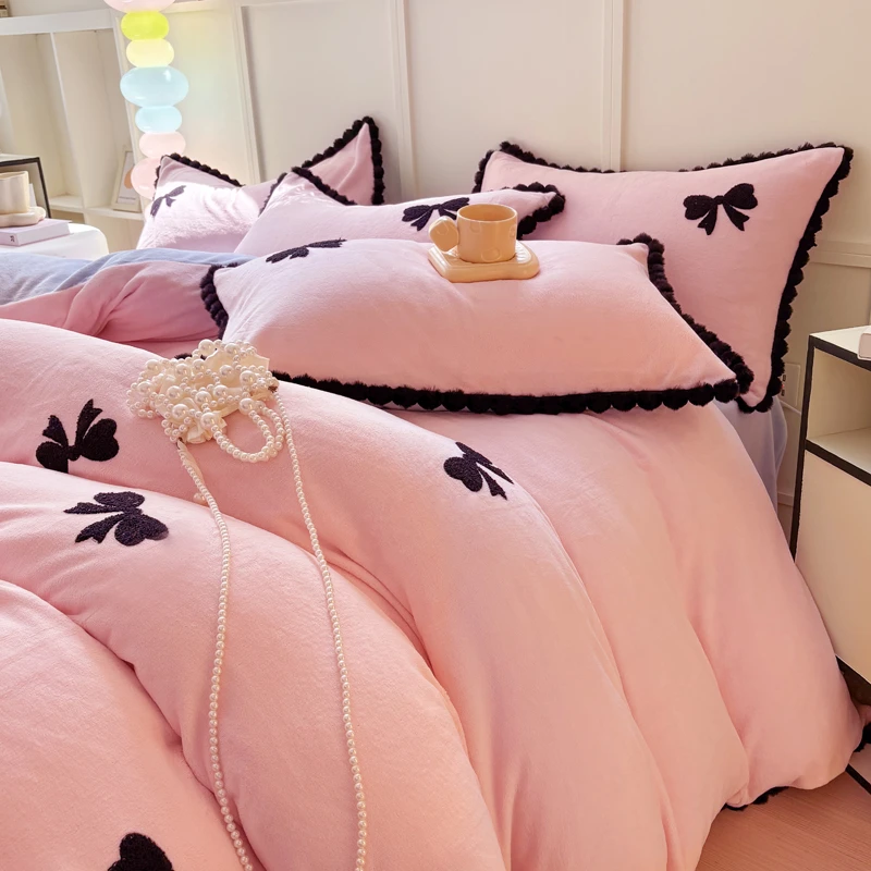 韩式牛奶绒床上四件套双面绒蝴蝶结被套珊瑚绒床单人宿舍冬季床品