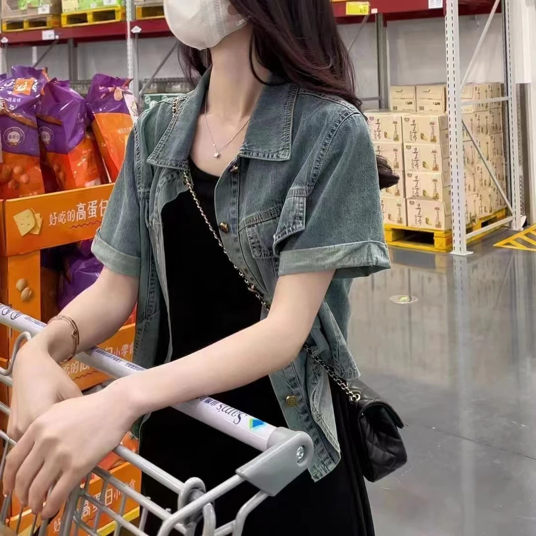 夏季薄款短袖牛仔衬衫女外穿短款宽松韩版上衣小披肩开衫外搭洋气