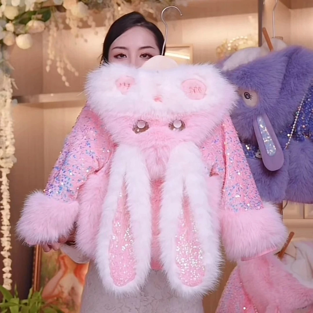 2023秋冬新款女童毛毛外套加绒加厚保暖可爱卡通公主风女宝外套潮