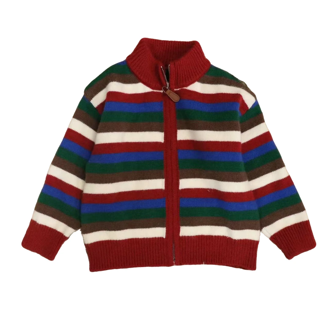 秋冬加绒儿童毛衣开衫条纹拉链衫宝宝针织时尚圆领套头加厚上衣