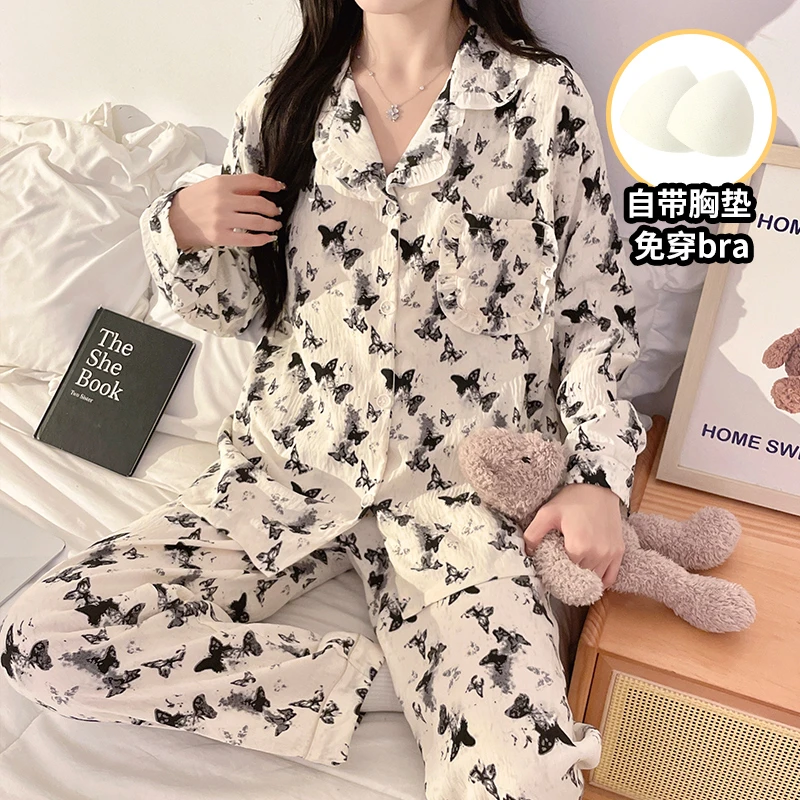 新款带胸垫睡衣女款春秋冬季长袖云朵棉2024年新款女士宽松家居服