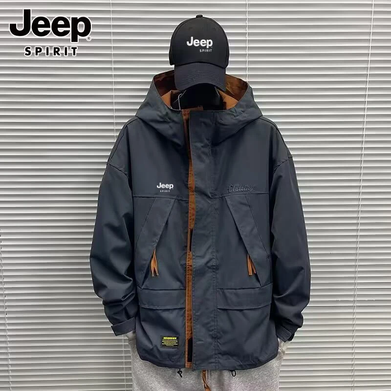 Jeep吉普休闲运动夹克男士春季新款潮牌宽松冲锋连帽工装防风外套