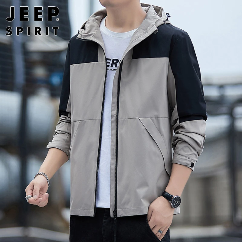 Jeep吉普夹克男士春秋新款运动百搭连帽韩版潮流拼接大码休闲外套