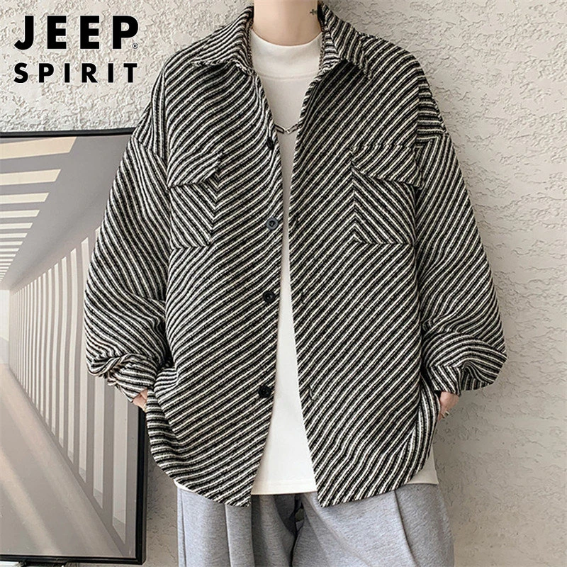 Jeep吉普夹克男士春秋季新款宽松潮流百搭拼色条纹韩版翻领外套男