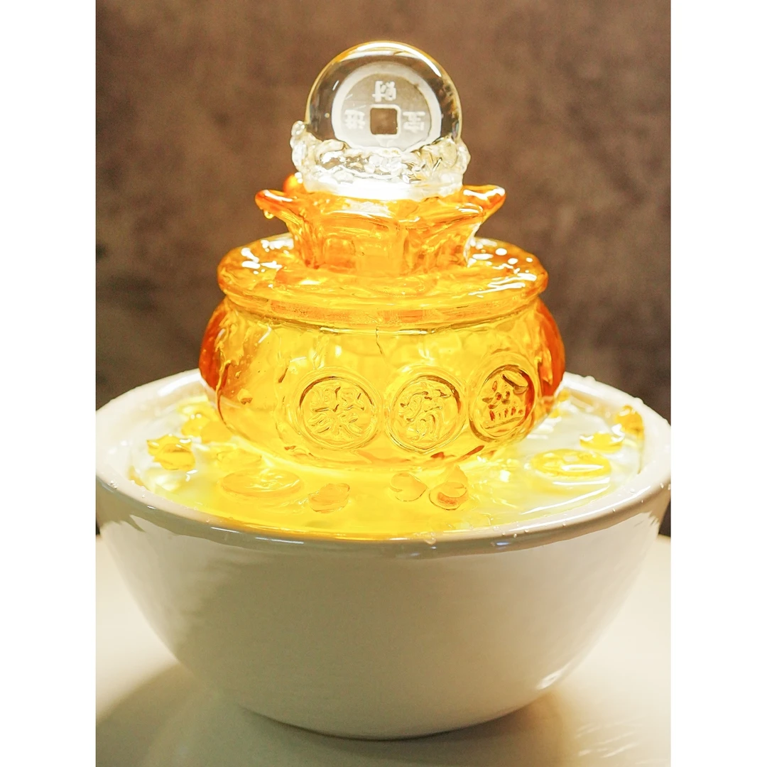 小型开业乔迁送礼风水轮流水器聚宝盆家居客厅前台玻璃品摆件