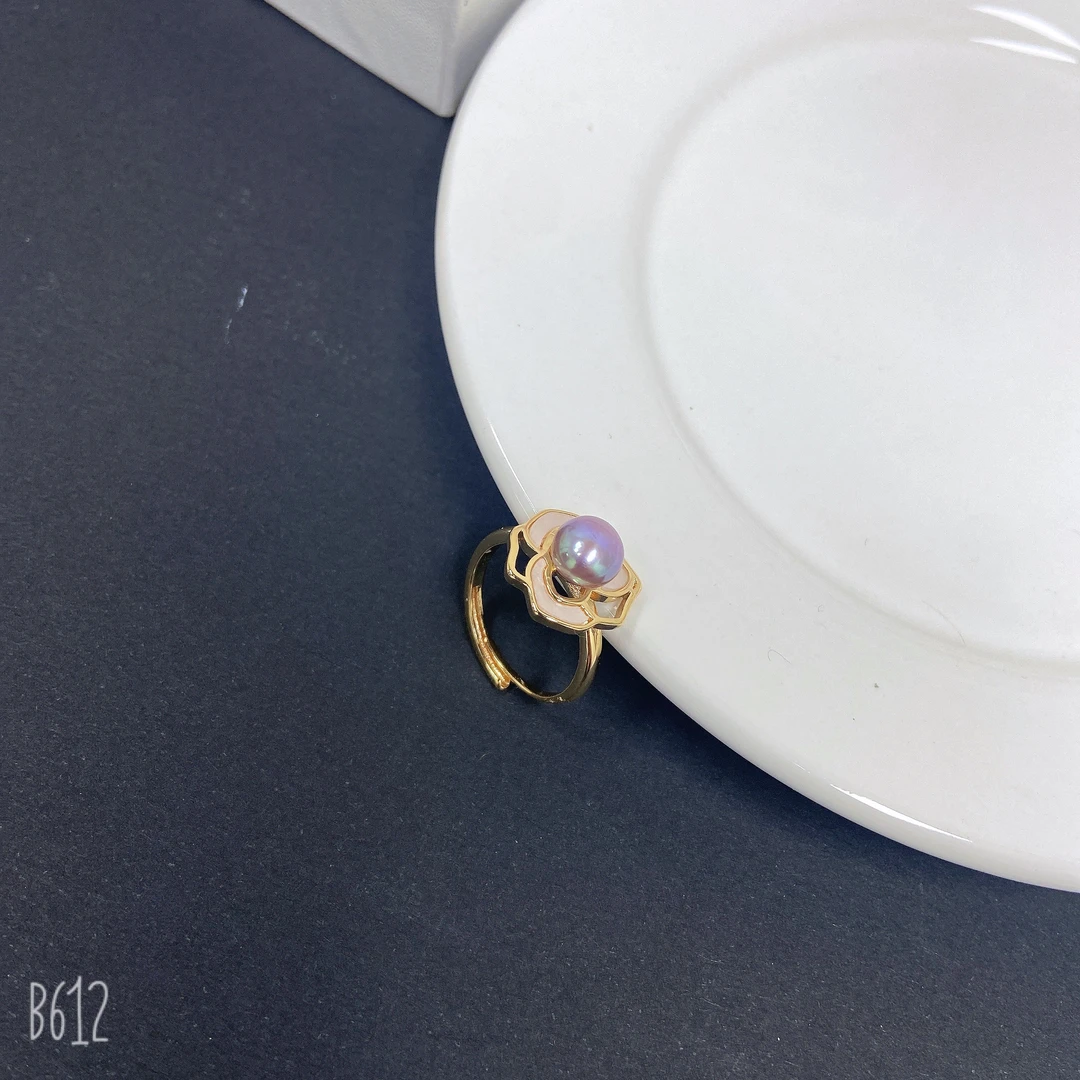 天然淡水珍珠6012#三茶花开口紫珠戒指