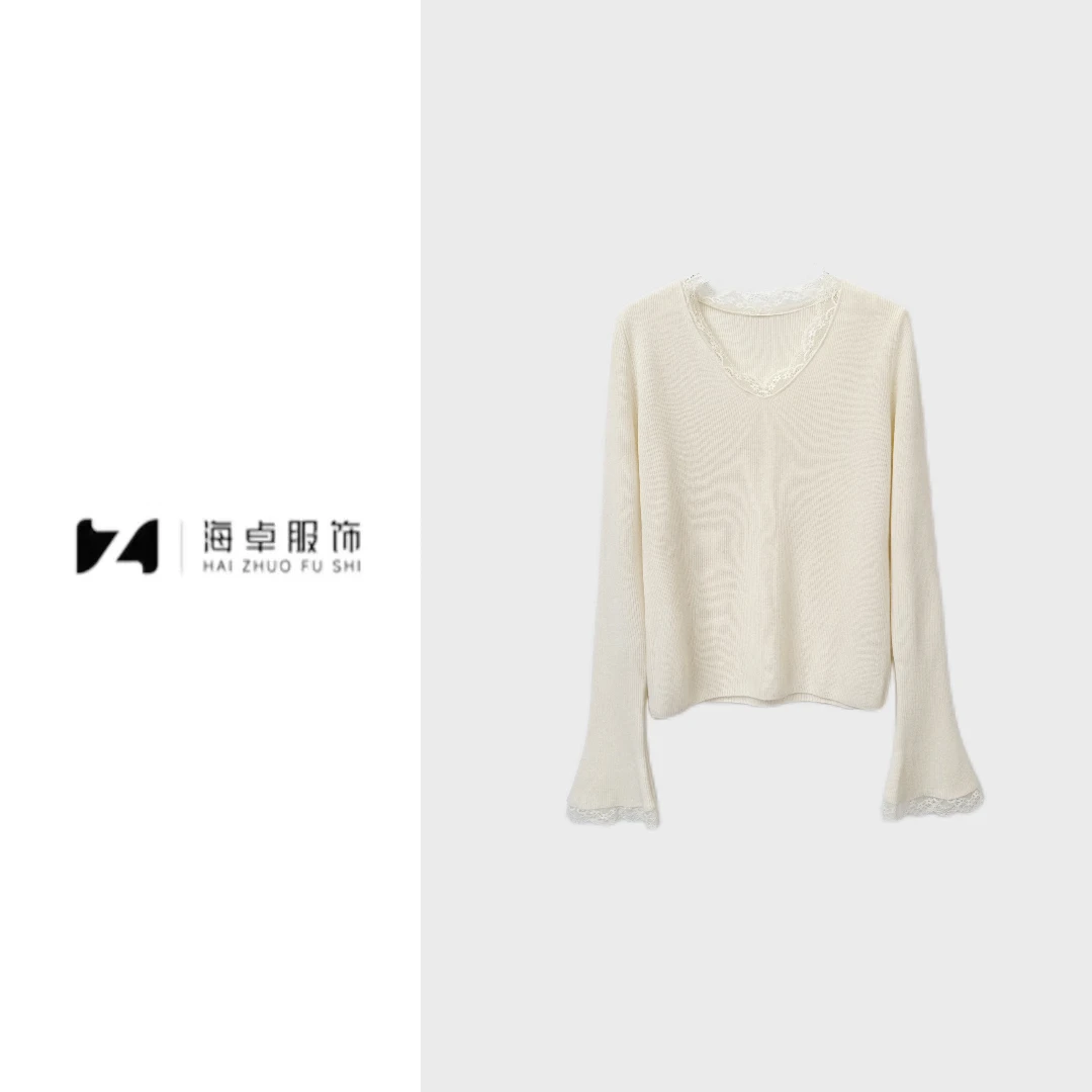 海卓～100绵羊毛蕾丝拼接长袖修身V领内搭喇叭袖打底针织衫女239