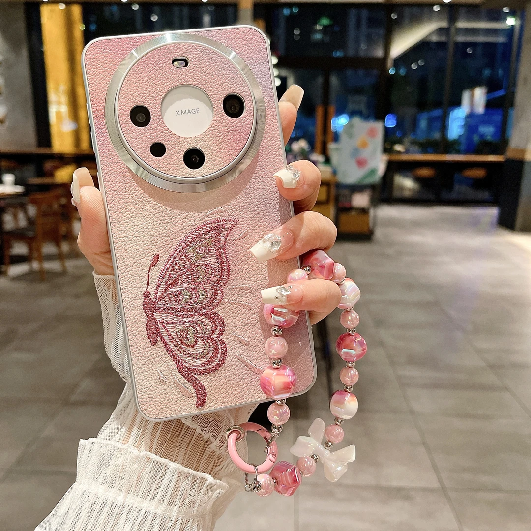 适用华为mate60pro手机壳mate50刺绣mate40pro时尚p70pro手链防摔