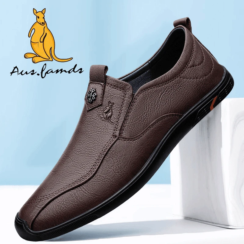 澳洲名袋鼠男士百搭透气软底秋季春季软面爸爸鞋舒适时尚休闲皮鞋