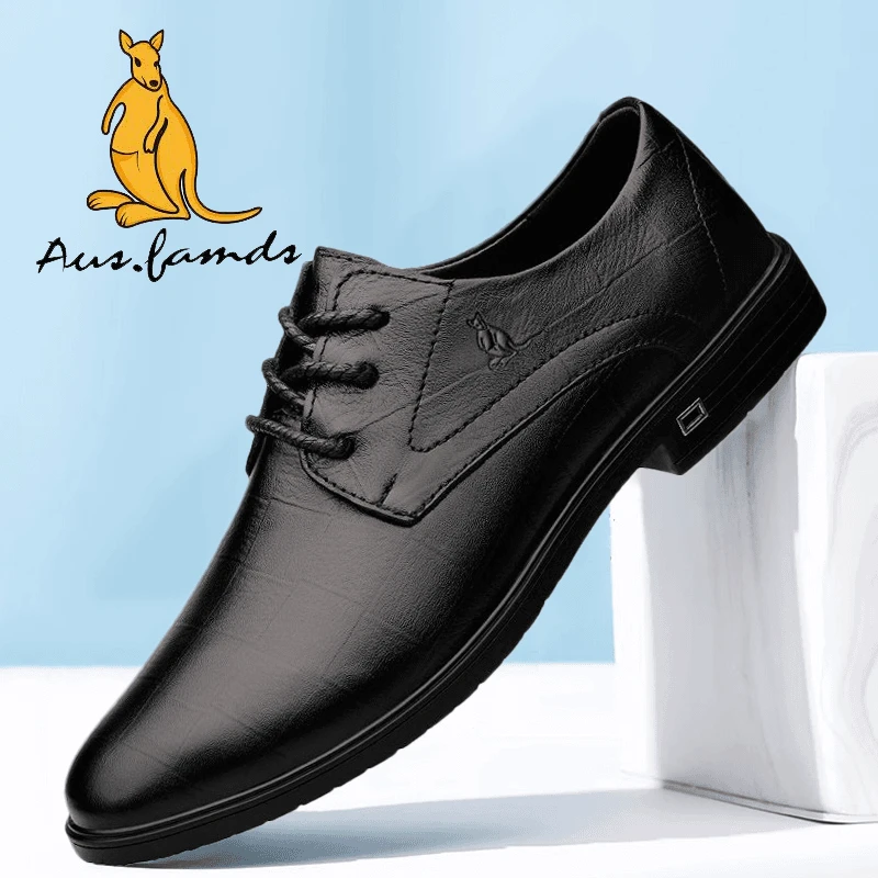 澳洲名袋鼠男士百搭软底系带商务秋季春季黑色舒适透气休闲男皮鞋