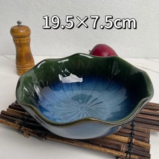窑变荷叶系列水墨草绿蓝调草绿手工面碗沙拉碗菜碗家用餐具荷叶碗