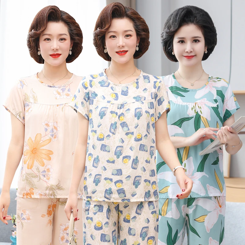 中老年妈妈家居服套装短袖短裤夏薄款人休闲大码棉绸睡衣女宽松