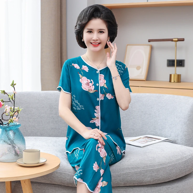 中老年人女士睡衣夏季薄款绵绸妈妈家居服套装宽松休闲可外穿外出