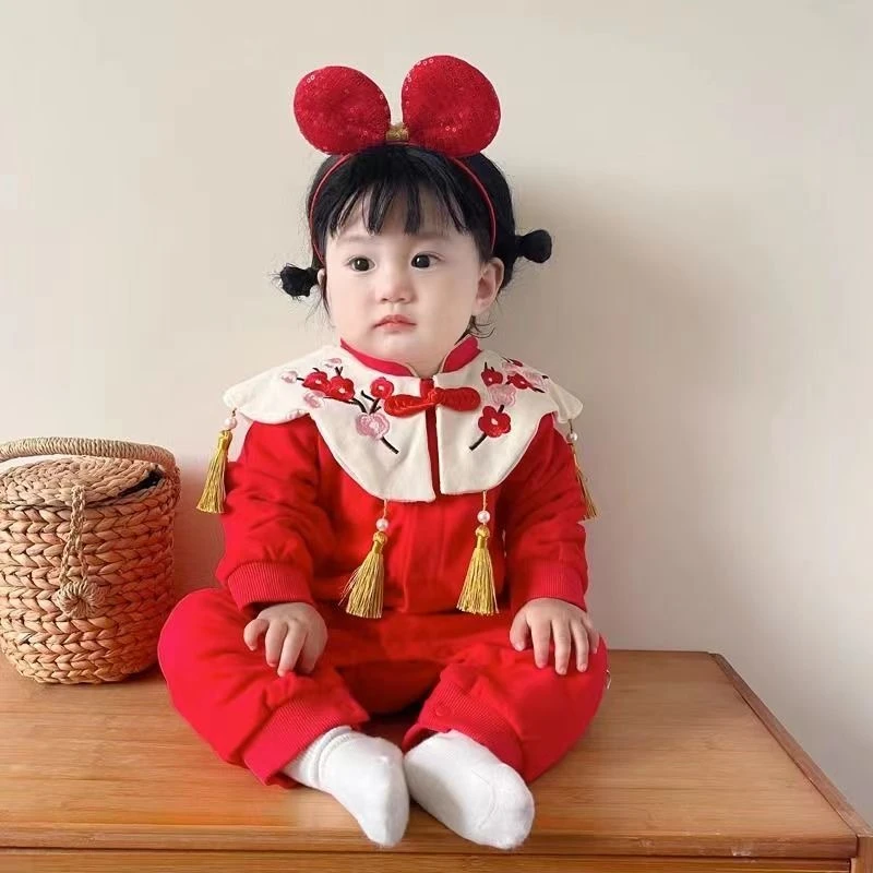 宝宝拜年服秋冬款中国风哈衣周岁宴礼服女宝宝冬装可爱公主连体衣