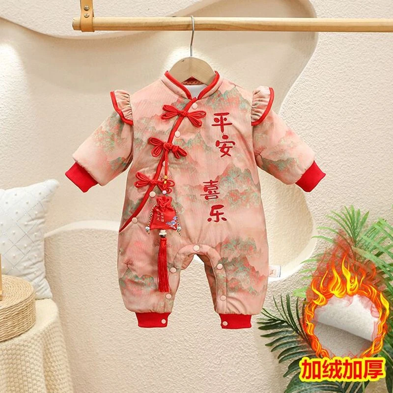 婴儿衣服冬季衣服连体衣秋冬季棉服加绒加厚国风爬服幼儿满月哈衣