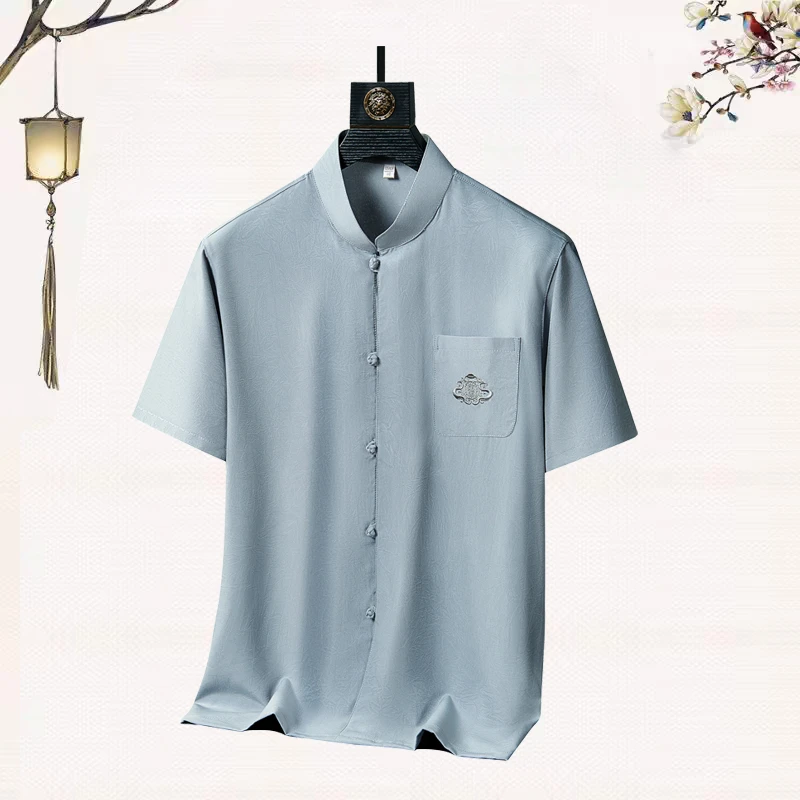 爸爸夏季唐装衬衫男中老年人夏季冰丝短袖衬衫爷爷衣服中国风休闲