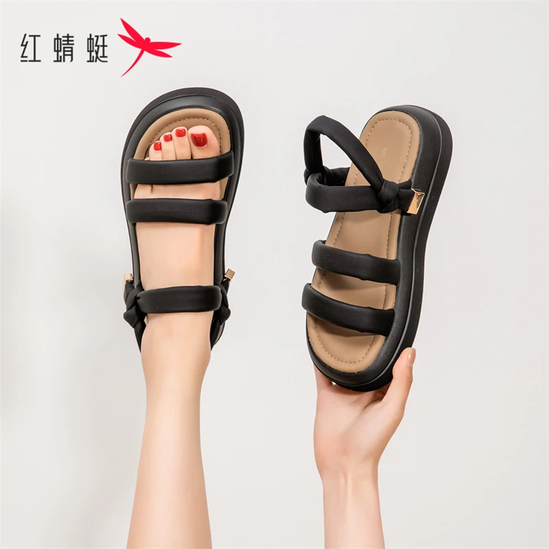 红蜻蜓时尚露趾凉鞋女款2025新款爆款休闲简约百搭网红平底沙滩鞋