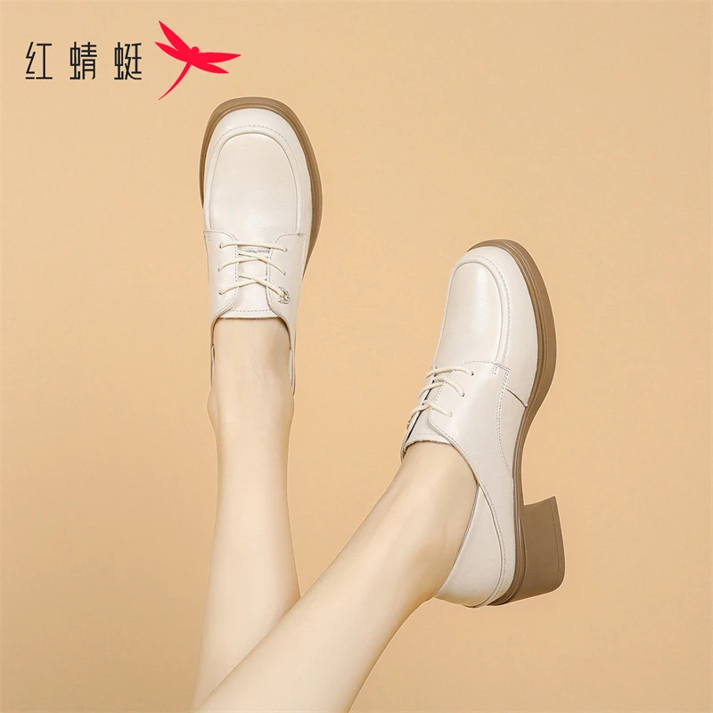 红蜻蜓英伦风小皮鞋女2025秋冬季新款方头中跟系带气质通勤乐福鞋