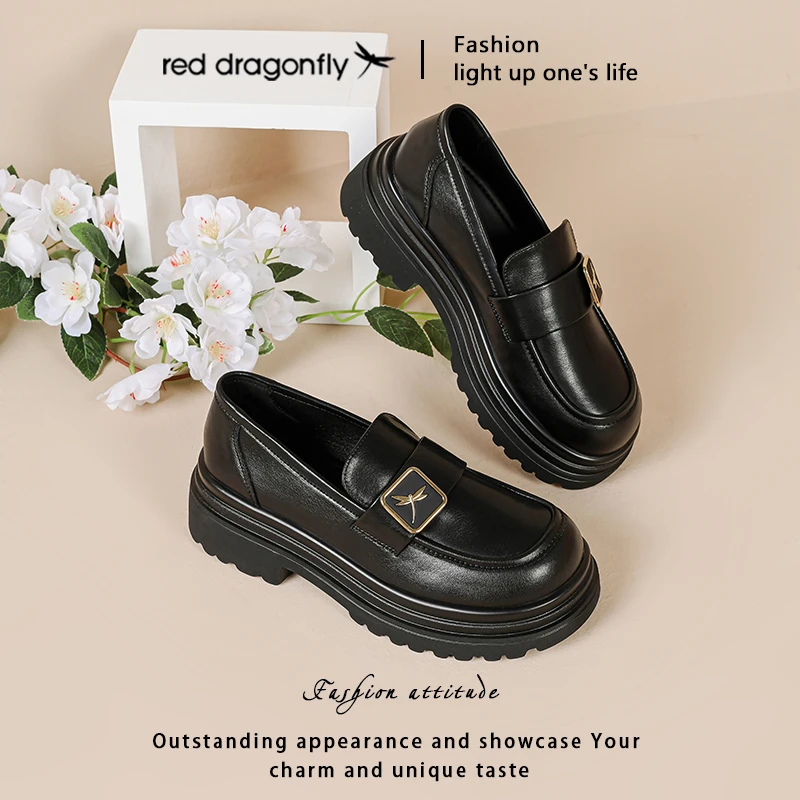红蜻蜓复古圆头乐福鞋女2025秋季新款上班不累脚女鞋一脚蹬小皮鞋