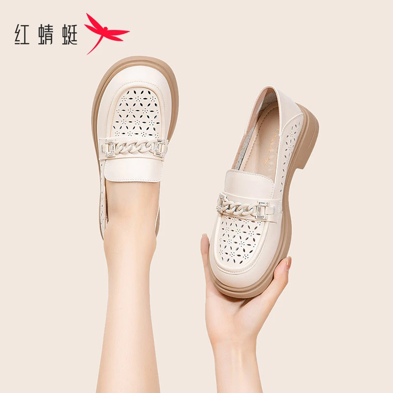 红蜻蜓软底单鞋女2023新款秋季懒人一脚蹬女鞋白色透气皮鞋乐福鞋