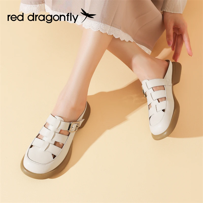 红蜻蜓女鞋真皮包头罗马凉鞋女秋季外穿镂空厚底沙滩鞋一脚蹬拖鞋