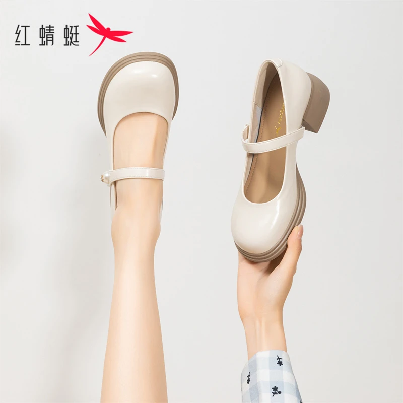 红蜻蜓REDDRAGONFLY ~小香风粗跟玛丽珍女鞋气质包头凉鞋女一字带