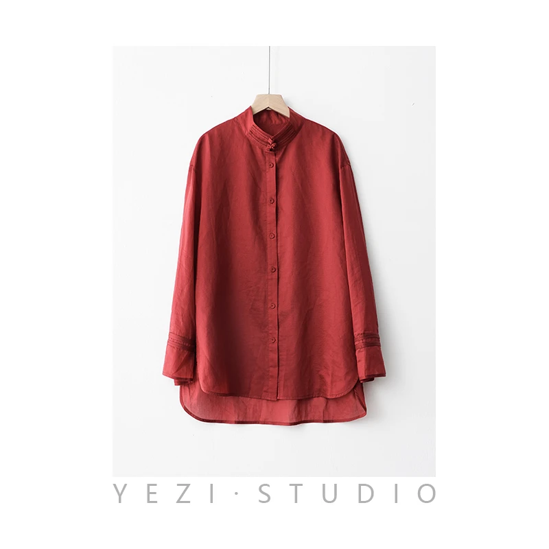 叶子定制【胭脂】中式国风立领红色衬衣设计感长袖缎面衬衫24116272