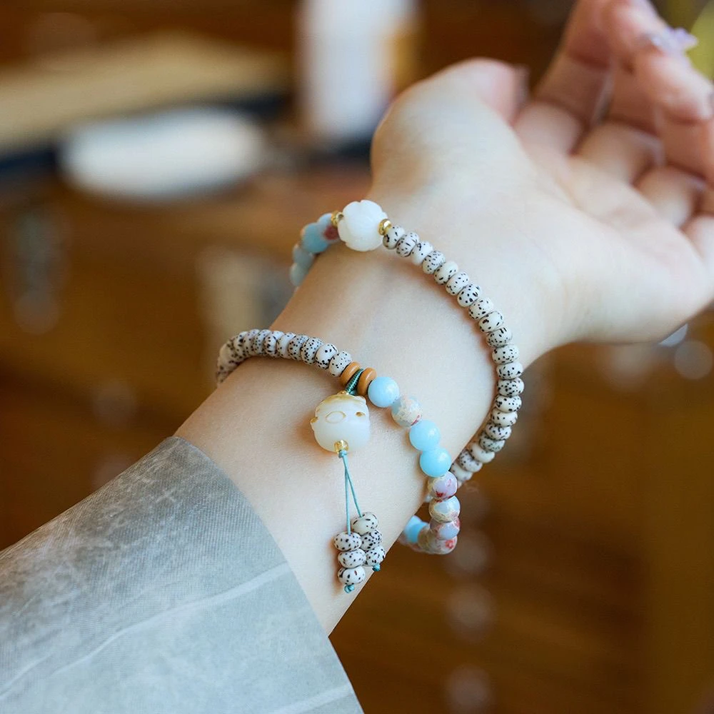 星月菩提蓝色款招财猫双圈菩提手串