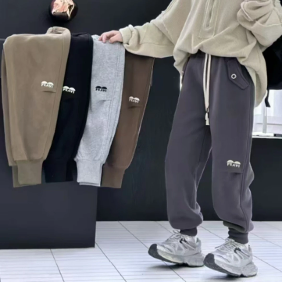 男童女童加绒卫裤冬季新款加绒加厚休闲束脚裤百搭卡通长裤宽松