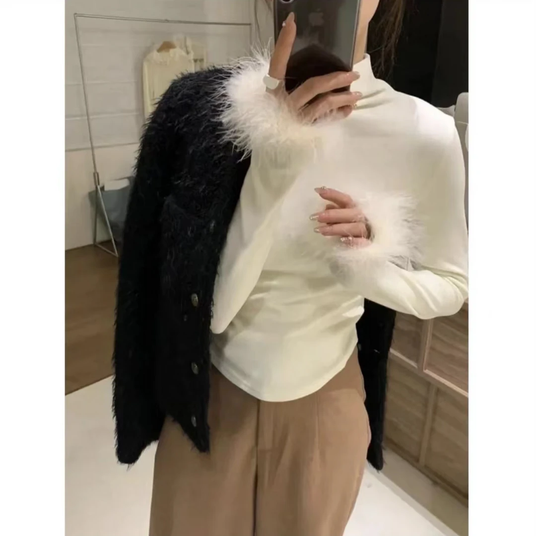 新款鸵毛打底衫半高领毛毛袖洋气修身秋冬款内搭百搭T保暖显瘦