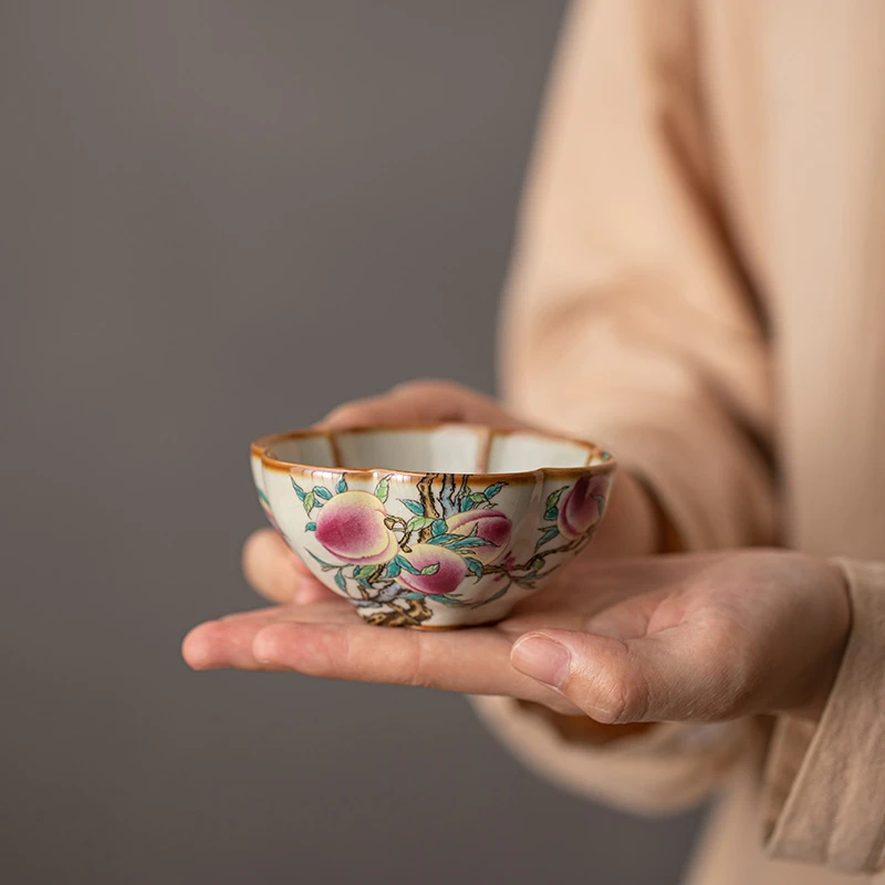 当代古道源黄汝窑九桃花口斗笠杯单杯大容量主人杯花瓣杯 A10727