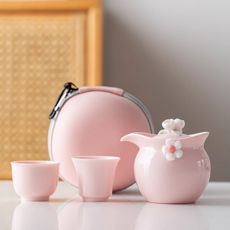 旅行宝藏好物手工捏花旅行茶具套装 户外便携陶瓷茶壶A7871