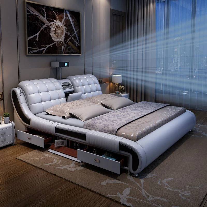 澳茗菲多功能投影仪按摩真皮床现代简约主卧双人床智能储物婚床