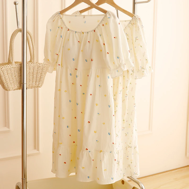 [7250彩色樱桃] 带胸垫纯棉睡衣女短袖宽松睡裙夏季薄款甜美大码