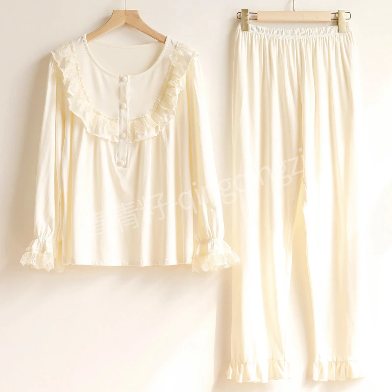 [纯色公主6052] 蕾丝时尚长袖套装薄款甜美睡衣春季家居服花边甜