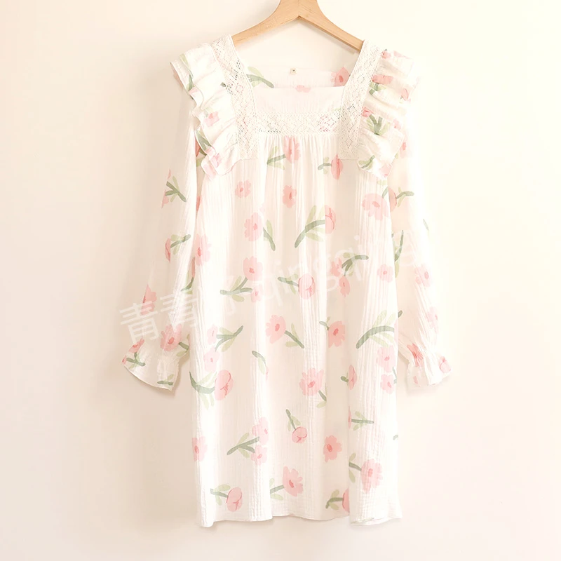 [花朵睡裙6099] 印花睡衣女士夏季纯棉纱布家居服全棉睡裙中裙