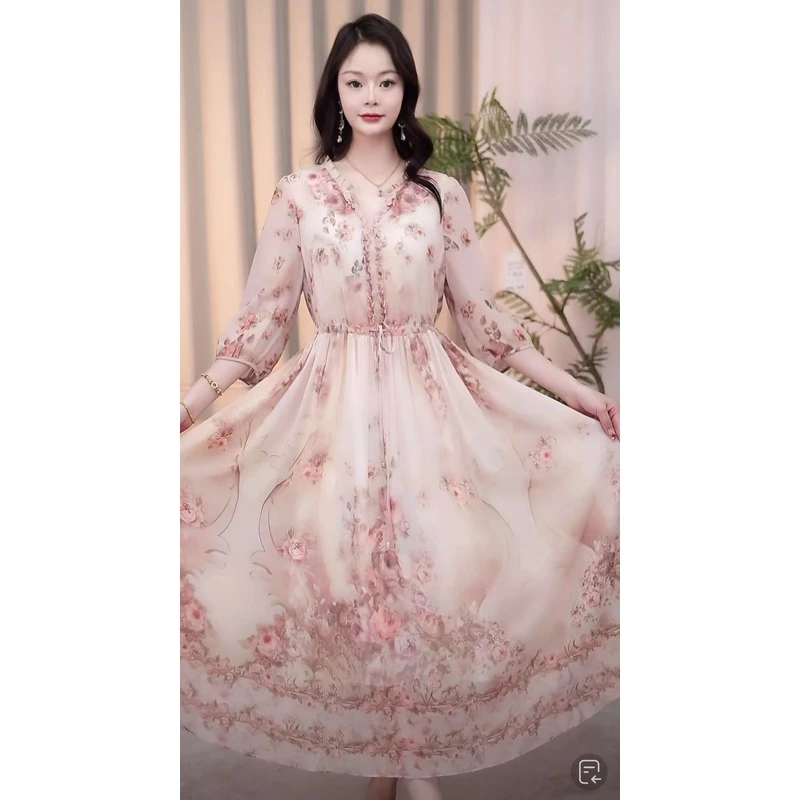 【香槟玫瑰】24甜美定位花气质收腰显瘦遮肉遮肚时尚V领花色连衣裙