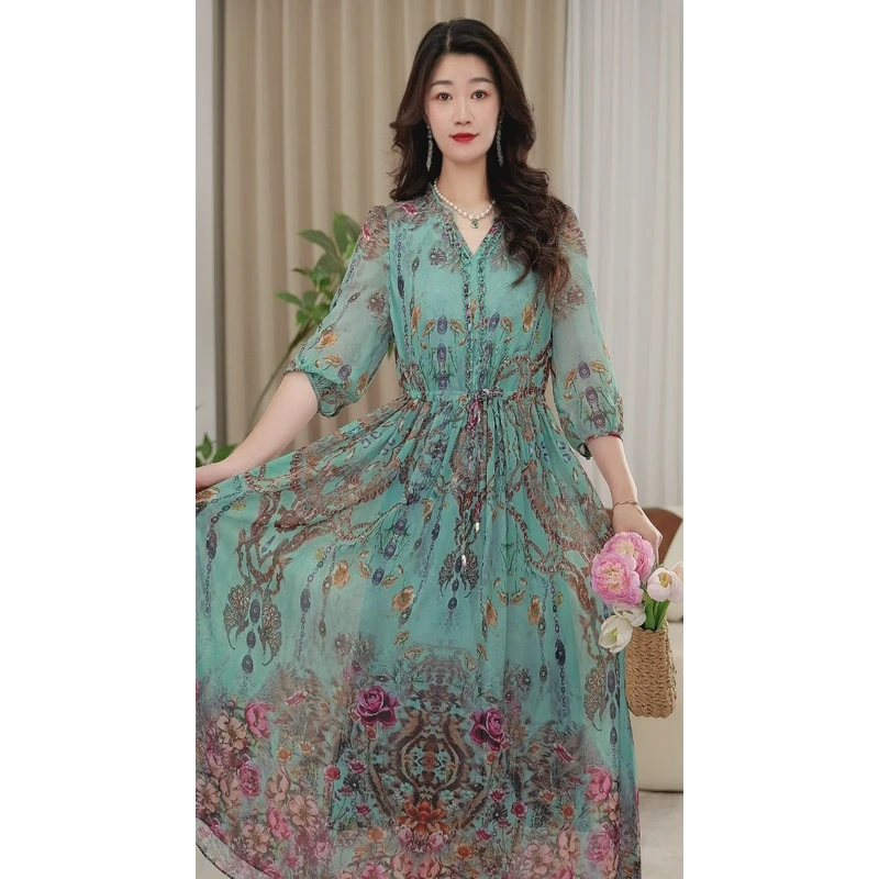 【蓝墨星尘】夏季高端甜美优雅显白显瘦轻奢气质高腰V领长款连衣裙