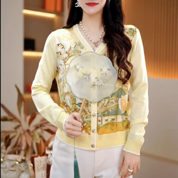 254-新款2024春季桑蚕丝女国风真丝印花V领开衫妈妈装-214