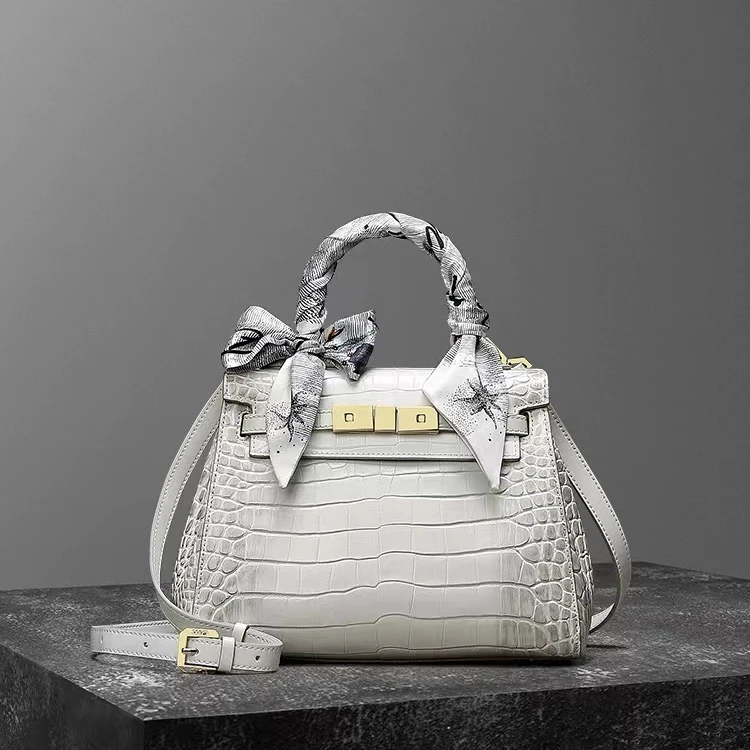 【专柜】Cuud轻奢象牙白手提牛皮女士包小众鳄鱼纹真皮单肩斜挎女包